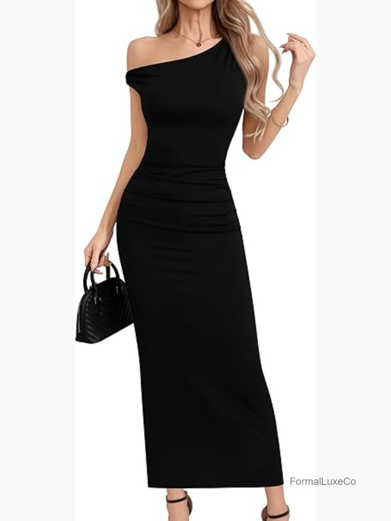 Off Shoulder Maxi Dress Sleeveless Asymmetrical Ruched Fitted Long Evening